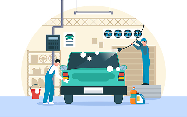 전신 남자 일러스트 승용차 자동차 들기 성인 두명 세제 양동이 직원 호스 닦기 비누거품 세차 환풍기 세차장 자동차정비 정비소 카센터 얼굴없음 성인남자만 손세차 국내일러스트 AI파일 육상교통 모션 사람 거품 장비 센터 수리 남자만 성인만 파일형식 벡터