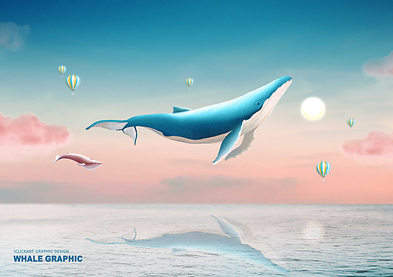 PSD 구름 편집이미지 바다 두마리 하늘 사람없음 그래픽 파란색 반사 달 열기구 비행 고래 풍선 코랄 이미지편집 자연요소 컬러 2 포유류 항공교통 수중동물 파일형식
