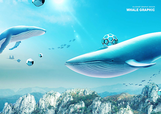 PSD 편집이미지 바다 여러마리 하늘 산 어류 사람없음 그래픽 파란색 햇빛 3D 비행 고래 오브젝트 입체도형 편집3D 도형 컬러 다수 포유류 태양 수중동물 입체 디지털합성 파일형식