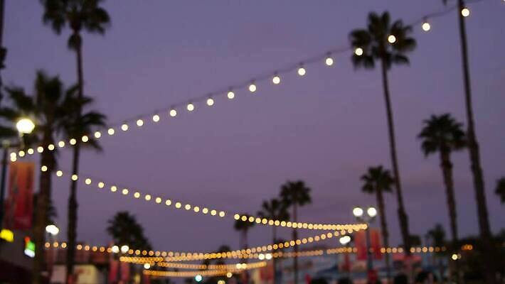 실루엣 전구 하늘 휴가 전등 거리 사람없음 여름 야자수 미국 화환 어둠 황혼 일몰 새벽 램프 분위기 저녁 소프트포커스 복고 보케 캘리포니아 주말 야광 빛망울 로스앤젤레스 광 4K 오션사이드 산타모니카 MP4 해외동영상 클립영상 자연요소 나무 계절 꽃 컨셉 북아메리카 조명 촬영기법 빛 노을 밤 야간 동영상 파일형식