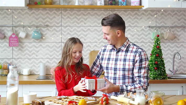 백인 전통 계절 행복 리본 종이 어린이 크리스마스 겨울 가족 휴가 새해 주택 실내 선물 사람 두명 장식 상자 부모 산타클로스 쿠키 주방 놀람 기쁨 덮개 축하 아빠 12월 연도 포장지 주기 흥분 MOV 해외동영상 클립영상 서양인 기념일 감정 컨셉 포장 관계 모션 디저트 표정 내부 건물 뚜껑 날짜 동영상 파일형식