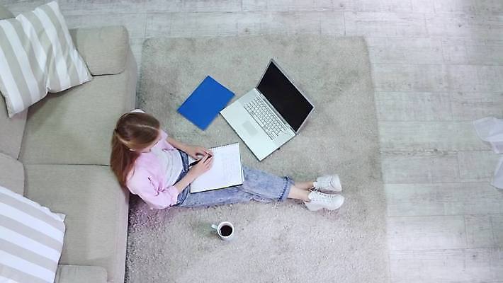 백인 학생 라이프스타일 여자 교육 거실 한명 앉기 책 노트북 소파 공책 카펫 4K MP4 해외동영상 클립영상 서양인 1 의자 모션 문구용품 사람 생활 전자제품 동영상 파일형식