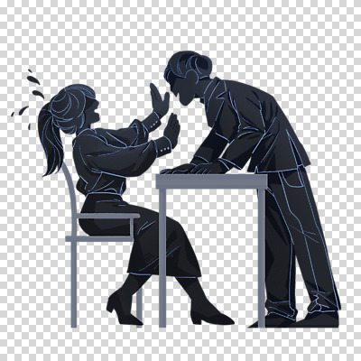 전신 편집 편집이미지 여자 남자 실루엣 의자 서기 누끼 앉기 성인 두명 마주보기 비즈니스맨 비즈니스우먼 수비 거절 학대 책상 PNG 손뻗기 얼굴없음 성인만 편집소스 직장내괴롭힘 가구 컨셉 비즈니스 모션 촬영기법 사람 직장인 사회이슈 파일형식