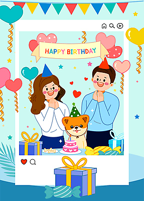 한마리 여자 남자 반려견 하늘색 일러스트 상반신 성인 두명 선물상자 반려동물 고깔모자 생일파티 생일 강아지 생일케이크 박수 생일축하 하트풍선 가랜드 동물라이프 소셜네트워크 성인만 국내일러스트 AI파일 동물 모자_잡화 1 라이프스타일 기념일 선물 사람 손짓 파란색 상자 케이크 하트 축하 개 파티용품 풍선 파일형식 벡터