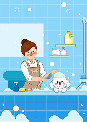 한마리 여자 반려견 하늘색 일러스트 욕조 한명 들기 상반신 성인 반려동물 목욕 거품 욕실 강아지 샤워기 동물라이프 애견미용 성인여자한명만 씻겨주기 국내일러스트 AI파일 동물 1 라이프스타일 모션 사람 파란색 뷰티 청결 개 여자한명만 성인여자만 파일형식 벡터