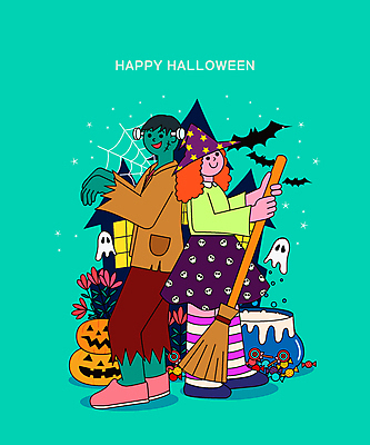 전신 커플 여자 남자 꽃 일러스트 서기 들기 성인 두명 초록색 분장 할로윈 등맞대기 유령 솥 거미줄 마녀 박쥐 마녀복장 마법빗자루 몬스터 잭오랜턴 코스프레 프랑켄슈타인 성인만 국내일러스트 AI파일 식물 컬러 포유류 관계 모션 주방용품 사람 빗자루 이벤트의상 파일형식 벡터