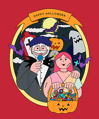 커플 여자 남자 일러스트 어깨동무 사탕 들기 상반신 성인 두명 빨간색 분장 바구니 할로윈 보름달 유령 비석 먹기 박쥐 신랑신부 잭오랜턴 코스프레 관_장례 성인만 어깨에손 국내일러스트 AI파일 신부_웨딩 컬러 포즈 신랑 결혼 포유류 관계 모션 디저트 사람 달 장례용품 파일형식 벡터