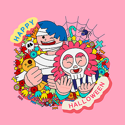 커플 여자 남자 꽃 인형 분홍색 일러스트 해골 사탕 가면 웃음 들기 상반신 성인 두명 할로윈 즐거움 붕대 거미 붕대감기 좀비 성인만 국내일러스트 AI파일 식물 감정 컬러 곤충 관계 모션 디저트 뼈 표정 사람 감싸기 파일형식 벡터