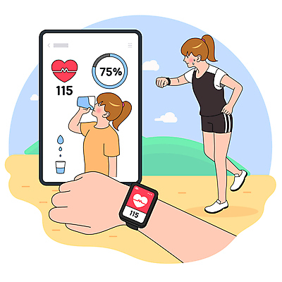 전신 손 여자 일러스트 의학 수치 서기 들기 상반신 성인 두명 신체부위 달리기 조깅 건강관리 주먹 맥박 스마트 확인 러닝 물마시기 수분섭취 스마트워치 성인여자만 국내일러스트 AI파일 컨셉 모션 그래프 건강 관리 사람 스마트기기 운동 마시기 웨어러블 여자만 성인만 파일형식 벡터