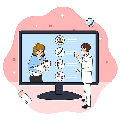 전신 여자 남자 일러스트 의학 엄마 서기 들기 상반신 성인 세명 건강관리 모니터 의사 아기 신생아 젖병 노리개젖꼭지 스마트 상담 원격의료 국내일러스트 AI파일 컨셉 가족 모션 건강 관리 사람 컴퓨터 진료 아기용품 의료진 원격 파일형식 벡터