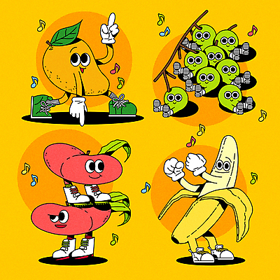 일러스트 바나나 서기 앉기 사람없음 노란색 춤 즐거움 복고 과일캐릭터 망고 망고포도 납작복숭아 일러캐릭터 AI파일 캐릭터 감정 컬러 과일 모션 문화예술 열대과일 청포도 복숭아 파일형식 벡터