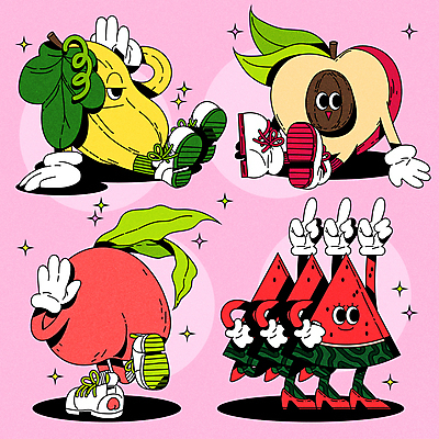 분홍색 일러스트 단면 수박 앉기 사람없음 춤 복고 복숭아 참외 과일캐릭터 자두 수박조각 한발서기 일러캐릭터 AI파일 캐릭터 컬러 조각 과일 모션 문화예술 서기 파일형식 벡터