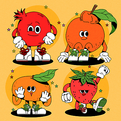 캐릭터 허리손 일러스트 딸기 귤 사람없음 노란색 손들기 춤 복고 과일캐릭터 석류 한라봉 일러캐릭터 AI파일 컬러 포즈 과일 모션 문화예술 파일형식 벡터