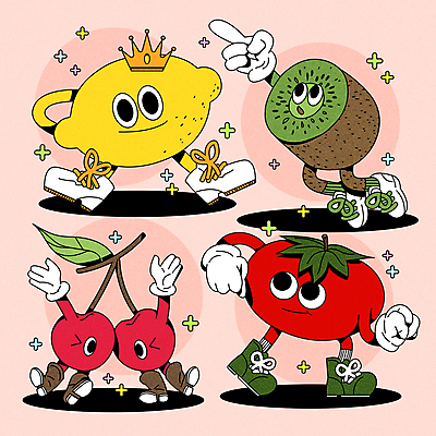 분홍색 토마토 일러스트 왕관 키위 윙크 손짓 사람없음 춤 체리 레몬 복고 과일캐릭터 일러캐릭터 AI파일 캐릭터 컬러 채소 과일 모션 문화예술 표정 파일형식 벡터