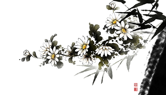 PSD 잎 일러스트 캘리그라피 붓터치 사람없음 도장 동양화 소국 번짐 낙관 국내일러스트 식물 꽃 미술 파일형식 효과