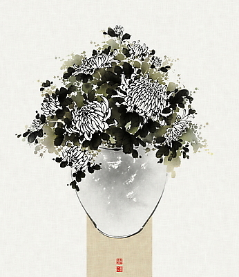 PSD 화분 꽃다발 잎 일러스트 캘리그라피 붓터치 국화 사람없음 도장 항아리 동양화 번짐 낙관 국내일러스트 식물 꽃 미술 도자기 파일형식 효과