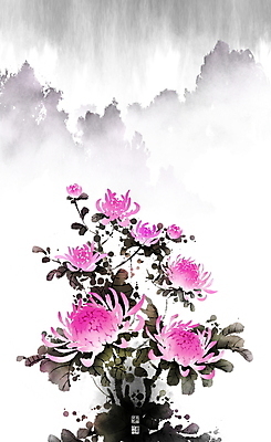 PSD 잎 일러스트 캘리그라피 붓터치 산 국화 사람없음 도장 동양화 번짐 낙관 산맥 국내일러스트 식물 꽃 미술 파일형식 효과