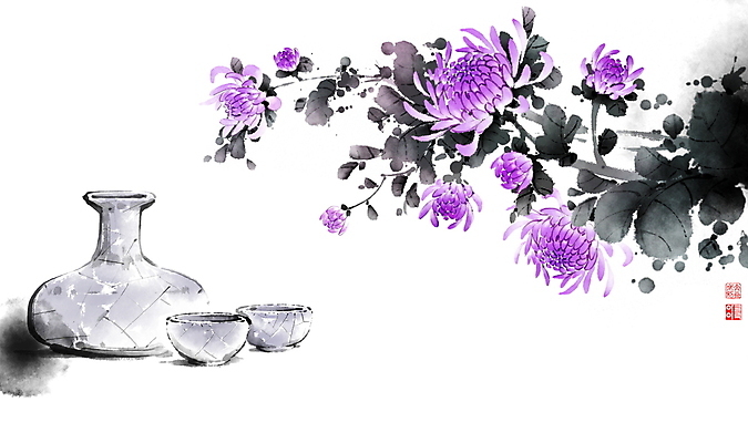 PSD 잎 술잔 일러스트 캘리그라피 붓터치 술병 국화 사람없음 도장 동양화 번짐 낙관 국내일러스트 식물 꽃 병_용기 잔 주류 미술 파일형식 효과