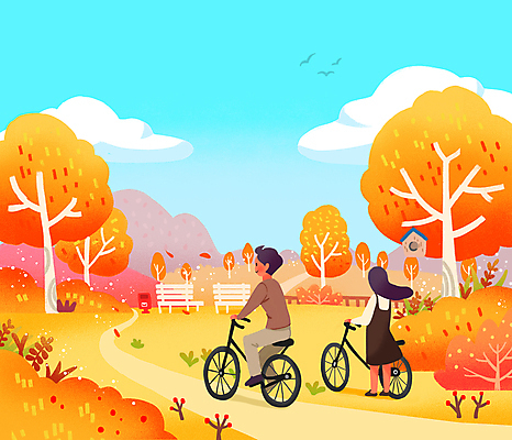 전신 PSD 나무 여자 남자 단풍 벤치 일러스트 하늘 성인 두명 울타리 자전거 주황색 우체통 풀 둥지 승차 성인만 국내일러스트 식물 컬러 잎 의자 모션 사람 담장 바이크 파일형식