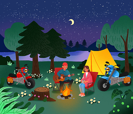 전신 PSD 나무 여자 남자 꽃 호수 일러스트 밤하늘 텐트 들기 앉기 성인 두명 컵 초록색 바이크 보라색 캠핑 달 기타 풀 야간 숲 모닥불 나무밑둥 성인만 캠핑의자 모토캠핑 국내일러스트 자연요소 식물 식기 육상교통 컬러 의자 모션 하늘 불 현악기 레저 캠핑도구 사람 파일형식