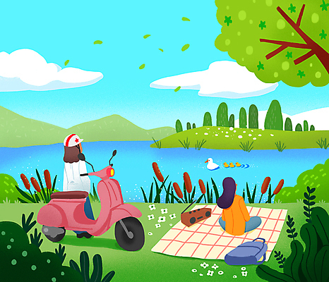 전신 PSD 나무 구름 여자 꽃 호수 가방 일러스트 오리 상반신 성인 두명 초록색 파란색 바이크 스쿠터 풀 구경 돗자리 라디오 부들 오리새끼 성인여자만 국내일러스트 자연요소 식물 잡화 새끼 육상교통 컬러 조류 사람 전자제품 오토바이 여자만 성인만 파일형식