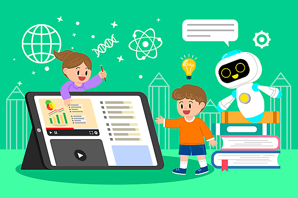 전신 여자 어린이교육 교육 남자 어린이 말풍선 일러스트 전구 들기 소녀 소년 두명 책 초록색 태블릿 연필 펜 디지털 스마트 로봇 민트색 어린이만 AI_인공지능 국내일러스트 AI파일 컬러 컨셉 모션 학용품 사람 전자제품 스마트기기 필기구 파일형식 벡터