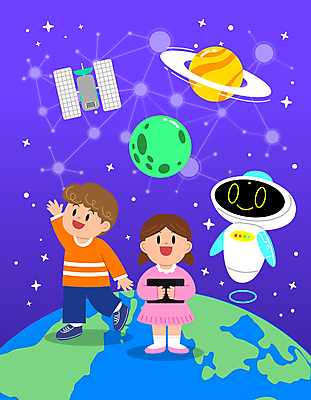 전신 여자 어린이교육 교육 남자 별 지구 어린이 일러스트 들기 소녀 소년 두명 태블릿 손들기 우주 디지털 보라색 행성 인공위성 스마트 로봇 어린이만 AI_인공지능 국내일러스트 AI파일 자연요소 컬러 컨셉 통신 모션 사람 전자제품 스마트기기 파일형식 벡터