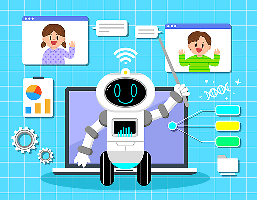 여자 어린이교육 교육 남자 어린이 하늘색 말풍선 일러스트 소녀 소년 상반신 두명 노트북 손들기 디지털 스크린 교사 스마트 로봇 손인사 지시봉 어린이만 AI_인공지능 국내일러스트 AI파일 직업 컨셉 모션 사람 파란색 전자제품 인사 파일형식 벡터