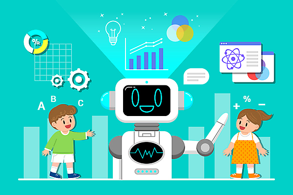 전신 영어 여자 어린이교육 교육 남자 어린이 일러스트 그래프 소녀 소년 두명 손들기 디지털 스크린 수학 스마트 로봇 민트색 어린이만 AI_인공지능 국내일러스트 AI파일 문자 컬러 컨셉 교과목 모션 사람 파일형식 벡터