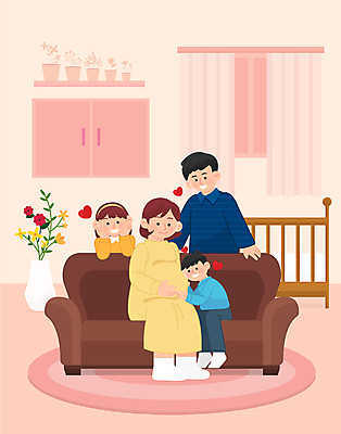 전신 응시 여자 남자 행복 어린이 분홍색 일러스트 가족 엄마 서기 앉기 소녀 소년 여러명 상반신 성인 소파 기댐 턱괴기 임산부 자녀 하트 아빠 다자녀 감싸기 아기침대 국내일러스트 AI파일 모양 시선 감정 컬러 다수 의자 관계 모션 사람 임신 아기용품 침대 파일형식 벡터