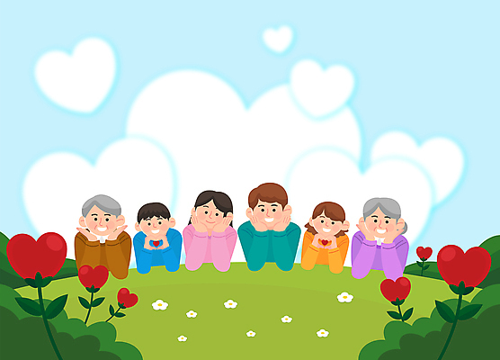 구름 여자 할아버지 노년 남자 할머니 어린이 엎드리기 일러스트 가족 엄마 대가족 소녀 소년 여러명 성인 턱괴기 자녀 하트 아빠 손하트 꽃받침 하트꽃 국내일러스트 AI파일 자연요소 모양 꽃 다수 관계 모션 사람 손짓 파일형식 벡터