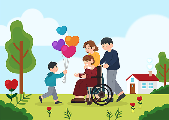 전신 나무 구름 여자 남자 어린이 일러스트 가족 엄마 주택 들기 앉기 소녀 소년 여러명 성인 아빠 장애인 휠체어 주기 하트풍선 비장애인 하트꽃 국내일러스트 AI파일 자연요소 식물 꽃 다수 관계 모션 사람 건물 하트 풍선 장애 파일형식 벡터