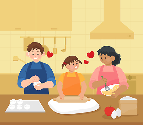 응시 여자 남자 딸 어린이 일러스트 가족 엄마 요리 들기 소녀 상반신 성인 세명 노란색 주방 앞치마 하트 아빠 다문화 만들기 밀대 혼혈 국내일러스트 AI파일 모양 시선 컬러 관계 모션 주방용품 사람 사회이슈 파일형식 벡터