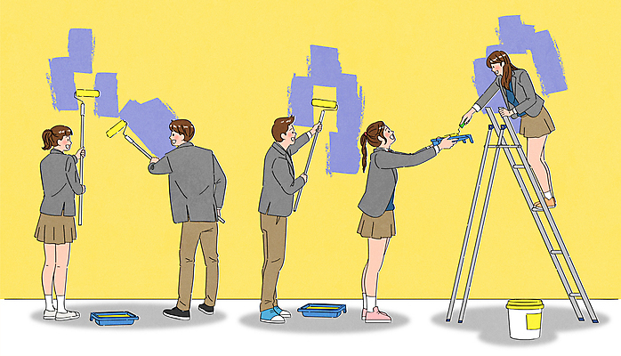 전신 학생 여자 남자 교복 일러스트 사다리 청소년 협력 함께함 들기 여러명 노란색 마주보기 페인트 도움 색칠 페인트칠 페인트붓 페인트롤러 십대만 국내일러스트 AI파일 옷 컬러 다수 컨셉 모션 페인팅 사람 도구 붓 파일형식 벡터