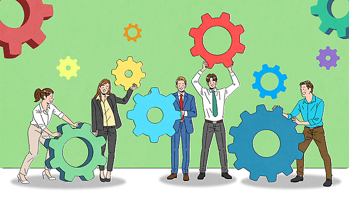 전신 여자 남자 일러스트 협력 함께함 들기 정장 여러명 성인 연두색 직장인 비즈니스맨 비즈니스우먼 톱니바퀴 굴리기 성인만 국내일러스트 AI파일 직업 옷 다수 컨셉 비즈니스 모션 사람 초록색 파일형식 벡터