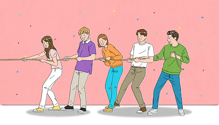 전신 학생 여자 남자 밧줄 분홍색 일러스트 협력 함께함 여러명 성인 잡기 도움 당기기 줄다리기 꽃가루 성인만 국내일러스트 AI파일 줄 컬러 다수 컨셉 모션 놀이 사람 가루 파일형식 벡터