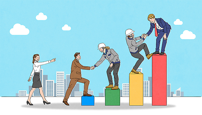 전신 구름 여자 남자 하늘색 유니폼 일러스트 그래프 협력 노동자 함께함 빌딩 여러명 성인 손잡기 도움 직장인 사무원 안전모 오르기 밟기 현장직 성인만 국내일러스트 AI파일 자연요소 직업 옷 다수 컨셉 모션 사람 건물 파란색 헬멧 안전장비 파일형식 벡터