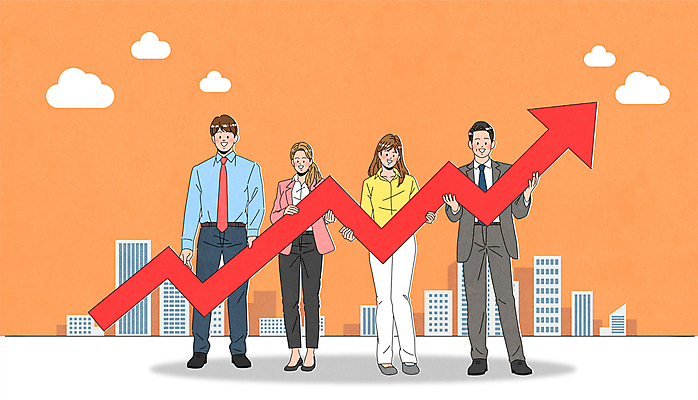 전신 구름 여자 남자 화살표 일러스트 그래프 협력 함께함 들기 여러명 성인 주황색 직장인 비즈니스맨 비즈니스우먼 상승 성인만 국내일러스트 AI파일 자연요소 직업 컬러 다수 컨셉 비즈니스 모션 사람 파일형식 벡터
