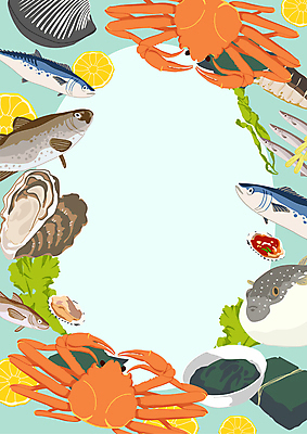 하늘색 겨울 일러스트 사람없음 굴 복어 명태 김 레몬 해산물 대게 꼬막 대구 매생이 삼치 파래 프레임일러스트 양미리 제철음식 국내일러스트 AI파일 계절 음식 과일 어패류 프레임 어류 파란색 게 해조류 생태_생선 제철 파일형식 벡터