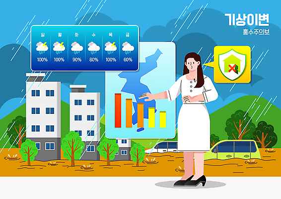 전신 나무 여자 지도 일러스트 자동차 그래프 산 한명 성인 건물 가리킴 일기예보 홍수 자연재해 폭우 기상캐스터 성인여자한명만 홍수주의보 국내일러스트 AI파일 식물 직업 1 건축물 육상교통 사람 손짓 재해 여자한명만 성인여자만 파일형식 벡터