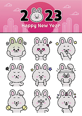 캐릭터 행복 감정 별 분홍색 스티커 일러스트 응원 화살 새해 표정 윙크 사람없음 세트 파이팅 놀람 고깔모자 짜증 하트 축하 토끼띠 토끼 최고 즐거움 이모티콘 의문 어지러운 열심 2023년 계묘년 일러캐릭터 AI파일 자연요소 모양 모자_잡화 컬러 컨셉 포유류 모션 반려동물 십이지신 연도 파일형식 벡터