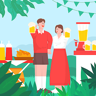 전신 여자 남자 허리손 일러스트 나뭇잎 맥주 들기 성인 두명 초록색 축제 통닭 치킨 맥주잔 가랜드 맥주축제 소스통 오크통 옥토버페스트 성인만 국내일러스트 AI파일 컬러 포즈 잎 술잔 모션 주류 통 사람 소스_음식 파티용품 닭고기요리 파일형식 벡터