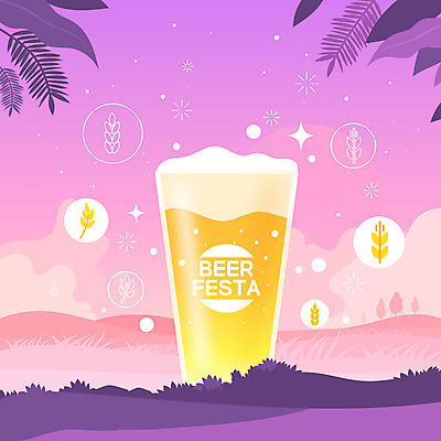 일러스트 나뭇잎 맥주 초원 사람없음 보라색 축제 숲 보리 맥주잔 맥주축제 옥토버페스트 국내일러스트 AI파일 컬러 잎 술잔 곡류 주류 파일형식 벡터