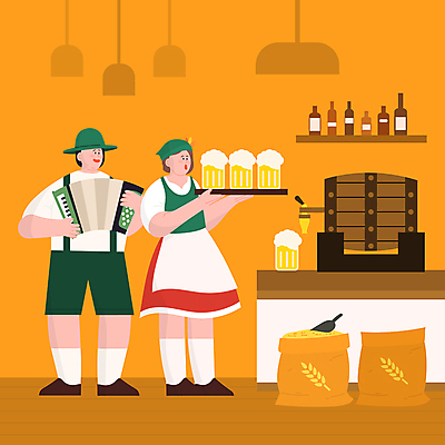 전신 여자 남자 연주 일러스트 맥주 쟁반 들기 성인 두명 축제 보리 맥주잔 맥주병 아코디언 독일전통의상 맥주축제 오크통 옥토버페스트 성인만 국내일러스트 AI파일 음악 술잔 모션 술병 곡류 주류 사람 건반악기 전통의상 파일형식 벡터