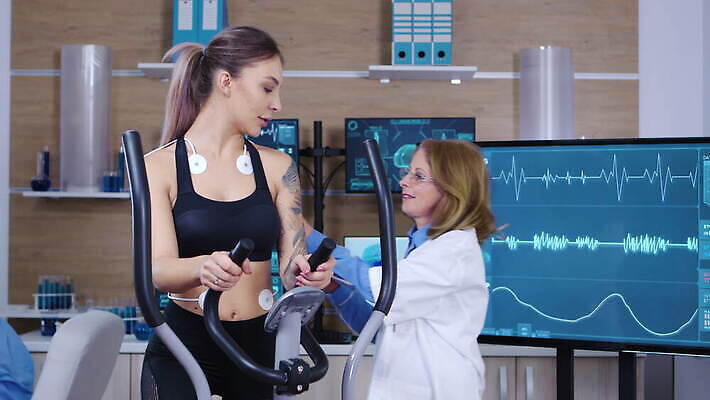 직업 과학 건강 병원 운동복 컴퓨터 달리기 운동 약 건강관리 스크린 모니터 장비 에너지 센터 실험실 연습 측정 시설 하이테크 달리기선수 4K MOV 해외동영상 클립영상 옷 의학 모션 기술 실험 관리 전자제품 육상선수 동영상 파일형식