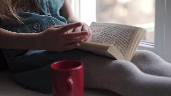 여자 교육 어린이 창문 주택 실내 한명 사람 앉기 내부 책 컵 독서 문학 MOV 해외동영상 클립영상 1 식기 모션 건물 동영상 파일형식
