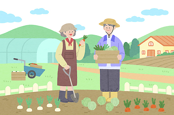 전신 PSD 구름 여자 할아버지 노년 남자 할머니 밭 일러스트 주택 논 서기 들기 두명 실버라이프 노후 농작물 농사 농촌 농부 삽 비닐하우스 외발수레 텃밭 노인만 국내일러스트 자연요소 직업 라이프스타일 농업 모션 사람 성인 건물 수레 시골 성인만 파일형식