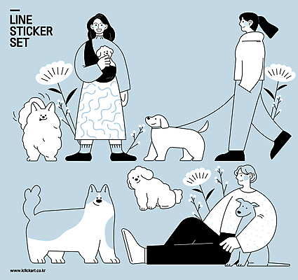 전신 여자 남자 꽃 반려견 하늘색 스티커 여러마리 라인일러스트 일러스트 함께함 서기 앉기 성인 세명 반려동물 걷기 산책 강아지 주머니손 이동가방 성인만 국내일러스트 AI파일 식물 동물 다수 컨셉 가방 모션 휴식 사람 파란색 개 파일형식 벡터 반려용품