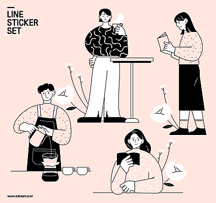 전신 여자 남자 꽃 여유 커피 분홍색 스티커 라인일러스트 일러스트 탁자 티타임 휴식 서기 들기 여러명 상반신 성인 책 독서 머그컵 붓기 바리스타 드립커피 핸드드립 성인만 국내일러스트 AI파일 식물 직업 감정 음료 컬러 가구 다수 컨셉 모션 사람 컵 커피용품 파일형식 벡터