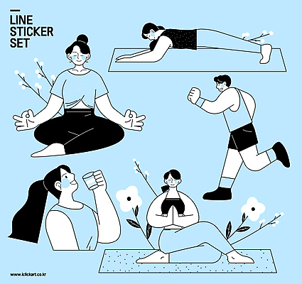 전신 여자 남자 꽃 하늘색 스티커 라인일러스트 일러스트 요가 앉기 여러명 상반신 성인 달리기 조깅 운동 건강관리 눈감음 스트레칭 매트 명상 러닝 물마시기 수분섭취 성인만 플랭크 국내일러스트 AI파일 식물 웰빙 다수 모션 건강 관리 사람 파란색 마시기 파일형식 벡터